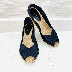 ⭐️⭐️ Lauren Ralph Lauren Cecilia Blue wedge Espadrilles Open Peep Toe silk 8.5